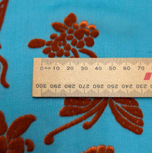 Load image into Gallery viewer, Orange silk devore velvet butterflies and flowers on a jade background. Available at Minerva's Bower. Ruler inculuded for scale