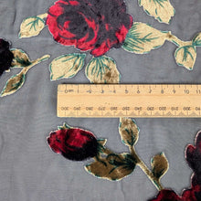 Load image into Gallery viewer, Floral pattern with red and black flowers on a dark background. Devore silk velvet, available at Mierva's Bower. Ruler included for scale