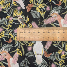 Load image into Gallery viewer, Close up flat lay of 100% Cotton by Devonstone,  Aussie Backyard Pink Cockatoos, ruler included for scale - for sale at Minerva's Bower