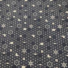 Load image into Gallery viewer, Pattern of cat faces and text on a dark  blue background of cotton dobby fabric. Made in Japan. Available at Minerva's Bower