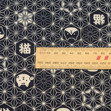 Load image into Gallery viewer, Pattern of cat faces and text on a dark  blue background of cotton dobby fabric. Made in Japan. Available at Minerva's Bower. Ruler included for scale