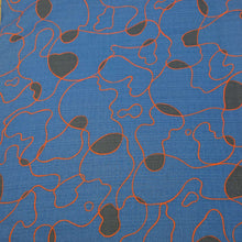 Load image into Gallery viewer, Abstract pattern with orange and black lines on a blue background of cotton dobby fabric. Available at Minerva's Bower