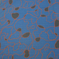 Abstract pattern with orange and black lines on a blue background of cotton dobby fabric. Available at Minerva's Bower
