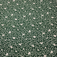 Load image into Gallery viewer, Pattern of white cats and swirls on a green cotton dobby background. Made in Japan. Available at Minerva's Bower