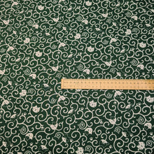 Load image into Gallery viewer, Pattern of white cats and swirls on a green cotton dobby background. Made in Japan. Available at Minerva's Bower. Ruler included for scale