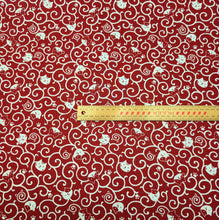 Load image into Gallery viewer, Red cotton fabric with white cat pattern. Made in Japan. Available at Minerva's Bower. Ruler included for scale
