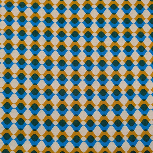 Patterned Ruby Star Society fabric with blue, green, and yellow geometric design. Available at Minerva's Bower