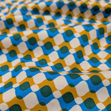 Load image into Gallery viewer, Close-up of Ruby Star Society fabric with a geometric pattern in blue, green, and yellow. Available at Minerva&#39;s Bower