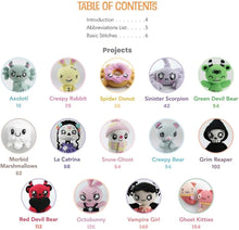 Load image into Gallery viewer, Table of contents for a crochet pattern book &#39;Creepigurumi&#39;with project illustrations and titles, available at Minerva&#39;s Bower.