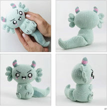 Load image into Gallery viewer, Images of crocheted creature with a hand holding it, from book Creepigurumi, available at Minerva&#39;s Bower