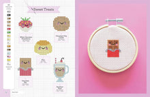 Load image into Gallery viewer, Cross-stitched sweet treats in an embroidery hoop on a pink background from Cute Kawaii Cross Stitch, vailable at Minerva&#39;s Bower now