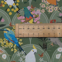 Load image into Gallery viewer, Close up flat lay of 100% Cotton by Devonstone, Aussie Backyard Dawn Chorus, ruler included for scale  - for sale at Minerva's Bower