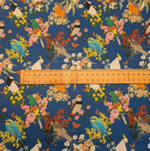 Load image into Gallery viewer, Flat lay of 100% Cotton, Aussie Backyard Dawn Chorus Blue, ruler included for scale - for sale at Minerva's Bower
