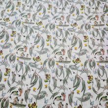 Load image into Gallery viewer, Flat lay of 70% Bamboo 30% Cotton Double Gauze, May Gibbs Garden Playtime, White - for sale at Minerva's Bower