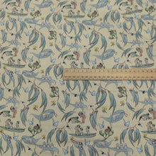 Load image into Gallery viewer, Flat lay of 70% Bamboo 30% cotton Double Gauze, May Gibbs Garden Playtime - Yellow, with ruler included for scale, for sale at Minerva's Bower