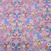 Load image into Gallery viewer, Flat lay of 100% Cotton Thread and Ink, Dragonfly Dance lilac fabric with insect and floral design - available at Minerva's Bower