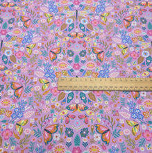 Load image into Gallery viewer, Flat lay of 100% Cotton Thread and Ink, Dragonfly Dance lilac fabric with insect and floral design, ruler included for scale - available at Minerva's Bower