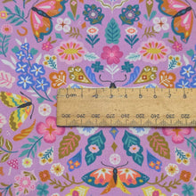 Load image into Gallery viewer, Close up flat lay of 100% Cotton Thread and Ink, Dragonfly Dance lilac fabric with insect and floral design, ruler included for scale - available at Minerva's Bower