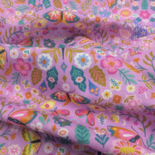 Load image into Gallery viewer, Flat drape of 100% Cotton Thread and Ink, Dragonfly Dance lilac fabric with insect and floral design - available at Minerva's Bower