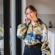 Load image into Gallery viewer, Shirt in See You At Six Linen Viscose, Dreamy Forest, fabric for sale at Minerva&#39;s Bower