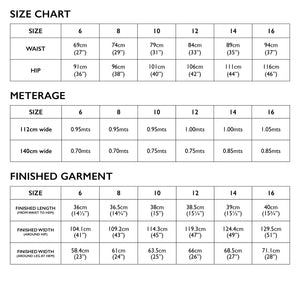 Size Chart of Tessuti Patterns Esther Shorts paper pattern for sale at Minerva's Bower