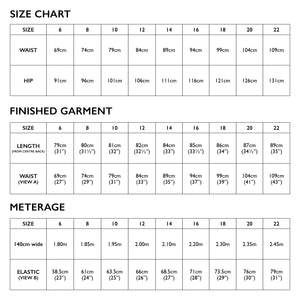 Size chart of Tessuti Patterns Evie Bias Skirt pattern for sale at Minerva's Bower 