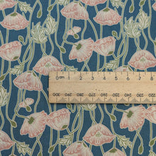 Load image into Gallery viewer, Close up of Liberty 100% Cotton Tana Lawn, Erito Poppy A, peach floral on teal backgound with ruler for scale, for sale at Minerva&#39;s Bower