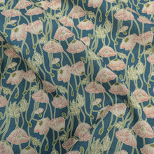 Load image into Gallery viewer, Drape of Liberty 100% Cotton Tana Lawn, Erito Poppy A, peach floral on teal backgound, for sale at Minerva&#39;s Bower
