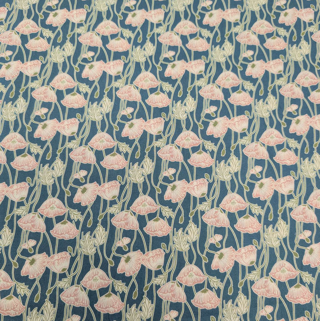 Liberty 100% Cotton Tana Lawn, Erito Poppy A, peach floral on teal backgound, for sale at Minerva's Bower