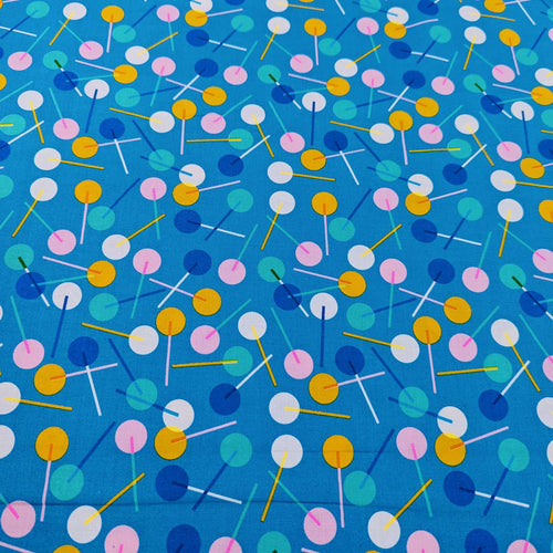 100% Cotton made in Japan, Eye Candy by Ruby Star, abstract bright lollipop design on blue, for sale at Minerva's Bower