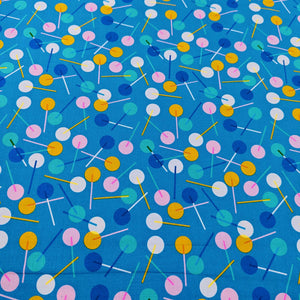 100% Cotton made in Japan, Eye Candy by Ruby Star, abstract bright lollipop design on blue, for sale at Minerva's Bower