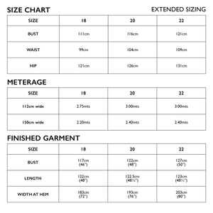 extended size chart for Tessuti Patterns Felicia pinafore paper pattern for sale at Minerva's Bower