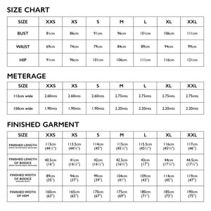 size chart for Tessuti Patterns Felicia pinafore paper pattern for sale at Minerva's Bower