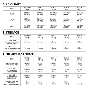 Size Chart for Tessuti Patterns florence coat paper pattern for sale at Minerva's Bower