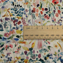 Load image into Gallery viewer, Close up of Liberty 100% Cotton Tana Lawn, Felda A, small Cotton Floral on White backgound with ruler for scale, for sale at Minerva&#39;s Bower