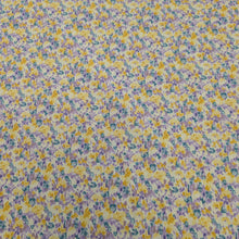 Load image into Gallery viewer, Japanese cotton fabric with a floral pattern with small flowers in purple, yellow and blue, for sale at Minerva&#39;s Bower