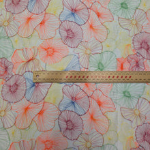 Load image into Gallery viewer, Neon embroidered tencel fabric in abstract floral shapes. Available at Minerva's Bower. Ruler included for scale