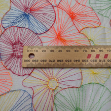 Load image into Gallery viewer, Neon embroidered tencel fabric in abstract floral shapes. Available at Minerva's Bower. Ruler included for scale