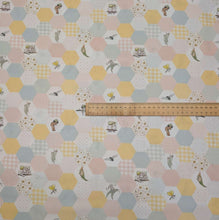 Load image into Gallery viewer, Flat lay of 100% Cotton, May Gibbs - Garden Playtime Hexies, ruler included for scale- for sale at Minerva's Bower