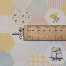 Load image into Gallery viewer, Close up flat lay of 100% Cotton, May Gibbs - Garden Playtime Hexies - for sale at Minerva's Bower