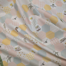 Load image into Gallery viewer, Flat drape of 100% Cotton, May Gibbs - Garden Playtime Hexies - for sale at Minerva's Bower