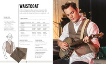 Load image into Gallery viewer, Person playing a banjo wearing a waistcoat with text on the left about waistcoats. Contents of the Gentleman&#39;s Wardrobe book, available at Minerva&#39;s Bower