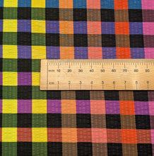 Load image into Gallery viewer, Close up of Gingham 100% Cotton Seersucker, Dark, ruler included for scale - for sale at Minerva's Bower