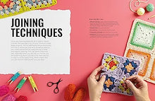 Load image into Gallery viewer, Book page on joining techniques with crochet work and tools on a pink background