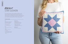 Load image into Gallery viewer, Contents of Granny Square Crochet Bible, featuring radiant star cushion pattern