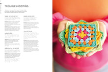 Load image into Gallery viewer, Colorful crocheted square held by a person with troubleshooting text on the left, contents of Granny Square Crochet Bible