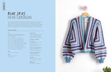 Load image into Gallery viewer, Hexie cardigan with patterned design on a white background, accompanied by text on blue background, contents of Granny Square Crochet Bible