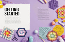Load image into Gallery viewer, Crocheted hexagonal patterns and yarn on a purple background with text about getting started, from the Granny Square Crochet Bible