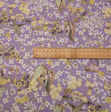 Load image into Gallery viewer, Flat lay of 100% Cotton May Gibbs Gumnut Gossips in Lavender, ruler included for scale - for sale at Minerva's Bower