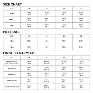 extended size chart for Tessuti Patterns Harlow Shirt Paper pattern for sale at Minerva's Bower